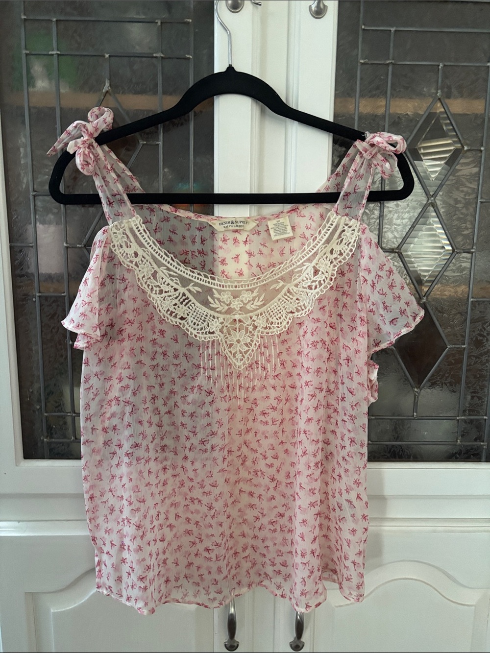 Ralph Lauren Denim & Supply Pink Floral Tie-Shoulder Camisole with Lace Trim